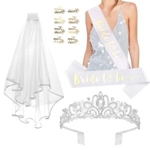 cieher silver tiara + wedding veil + bride to be sash + bachelorette temporary tattoos set, bachelorette party favors bridal shower decorations