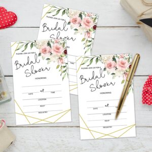 Set of 25 Bridal Shower Rose Floral Invitations with Envelopes, Modern Invites for Bridal Shower, Wedding Party Invitations, Fill in Style Invites Cards -007