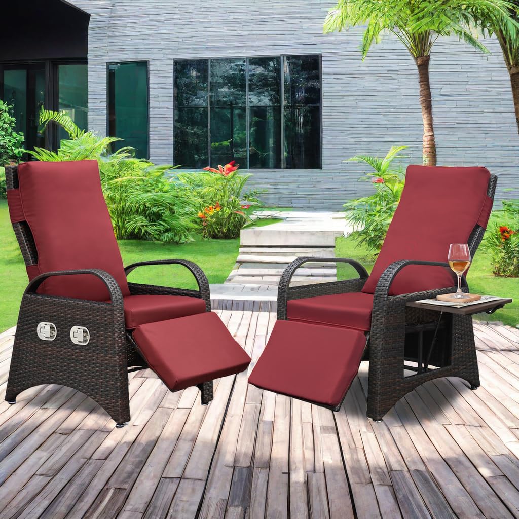 Art to Real Outdoor Recliners Set of 2 Patio Recliner Chair, Adjustable Reclining Lounge Chair and Removable Soft Cushion, Flip-up Side Table, Recliner Chair, Red