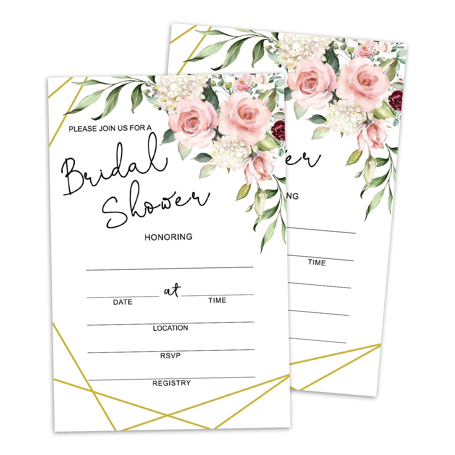 Set of 25 Bridal Shower Rose Floral Invitations with Envelopes, Modern Invites for Bridal Shower, Wedding Party Invitations, Fill in Style Invites Cards -007