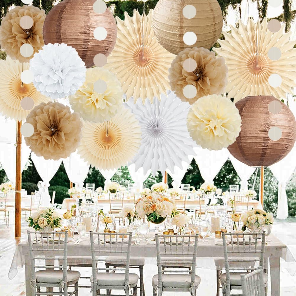 Neutral Party Decorations Boho Brown and Cream Party Decorations Tan Brown Paper Lanterns Fans Beige White Pom Poms with Circle Garland for Rustic Baby Shower Bridal Shower Birthday Wedding Engagement