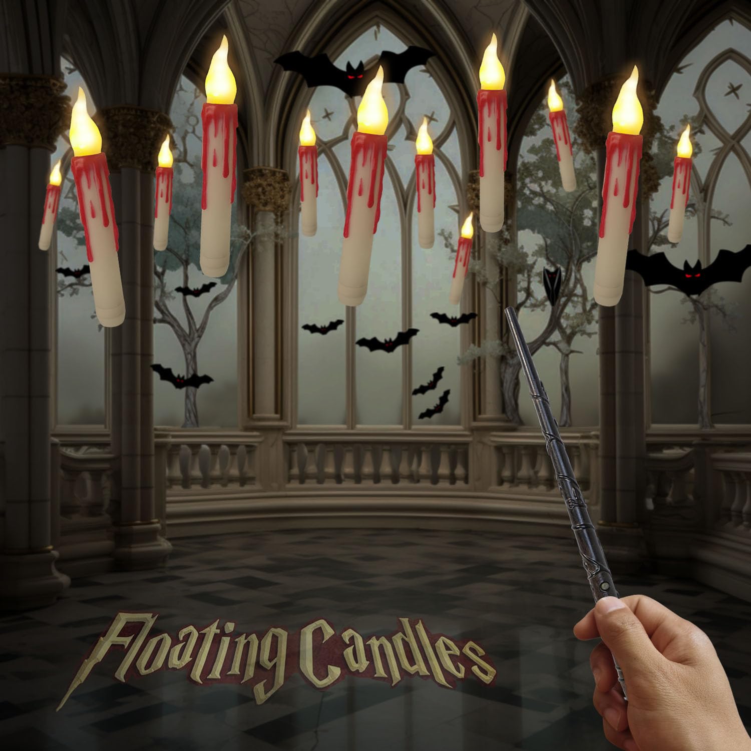 UPLAVIE Halloween Decorations, Hanging Floating Candles with Wand Remote Control, 12 Pcs Hanging Floating LED Candles Warm White Light Window Candles Christmas Decor for Halloween Christmas Party