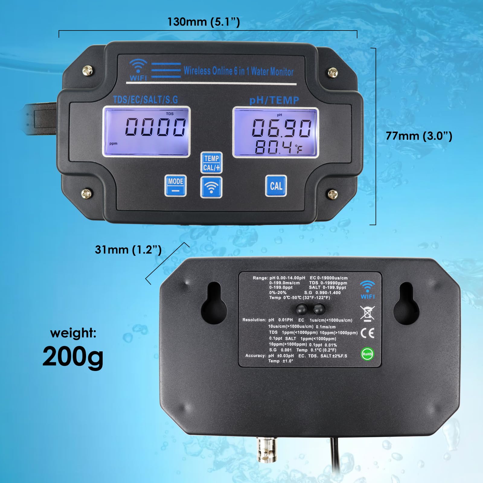 6 in1 PH Meter for Water Hydroponics Accuracy Digital PH Tester pH/EC/TDS/Salt/SG/Temperature Meter with Wireless Wi-Fi PH Monitor via Mobile APP for Household Drinking, Pool and Aquarium