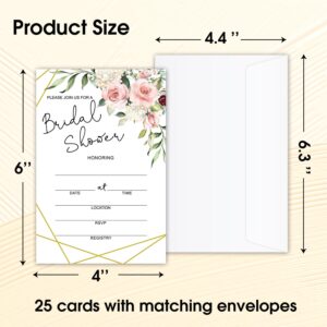 Set of 25 Bridal Shower Rose Floral Invitations with Envelopes, Modern Invites for Bridal Shower, Wedding Party Invitations, Fill in Style Invites Cards -007