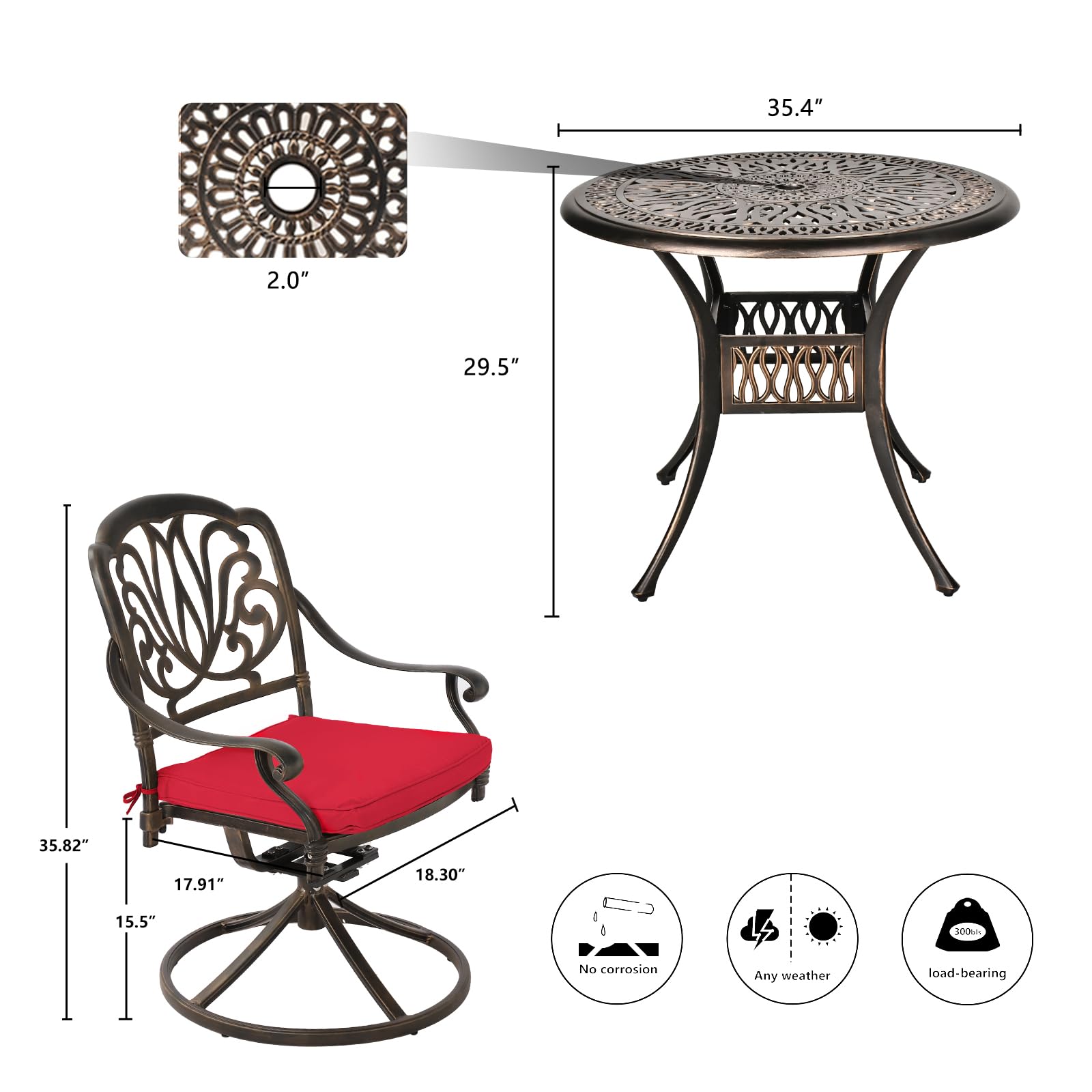 Grepatio 5 Piece Outdoor Dining Set Cast Aluminum Patio Dining Set Table and Chairs Outside Furniture 4 Swivel Chairs with Cushion and 1 Umbrella Round Dining Table for Lawn Garden Patio (Red)