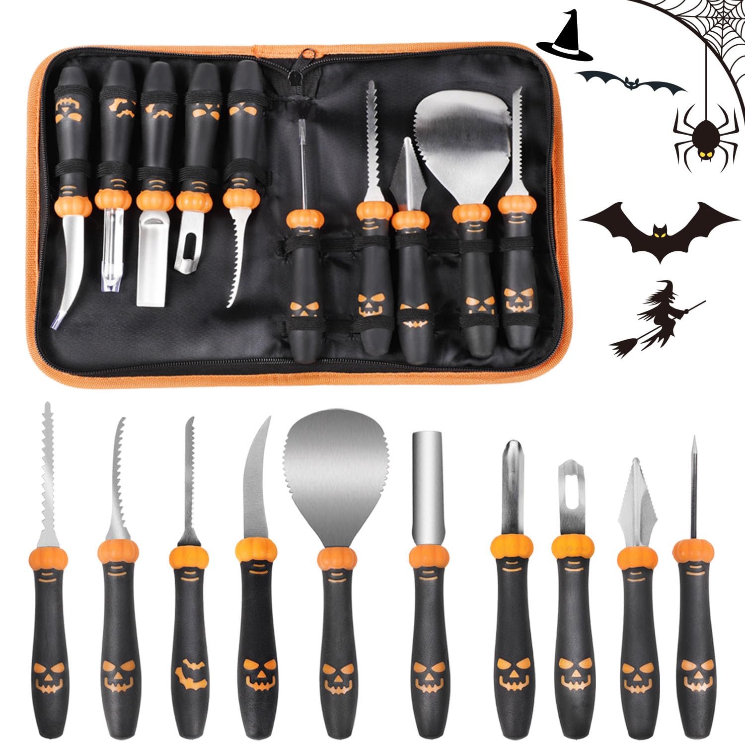 Halloween 10 Piece Pumpkin Carving Kit with Storage Bag, Stainless Steel Pumpkin Carving Tools Knife Set for Halloween Jack-O-Lantern DIY Decoration, Anti-Slip Rubber Handles,Gift for Halloween