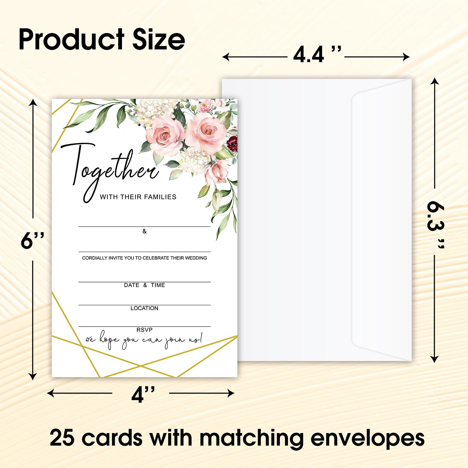 WwongxianB Set of 25 Wedding Rose Floral Glitter Invitations with Envelopes, Modern Invites for Bridal Shower, Wedding Shower Reception, Evening Invitations, Fill in Style Invites Cards -007