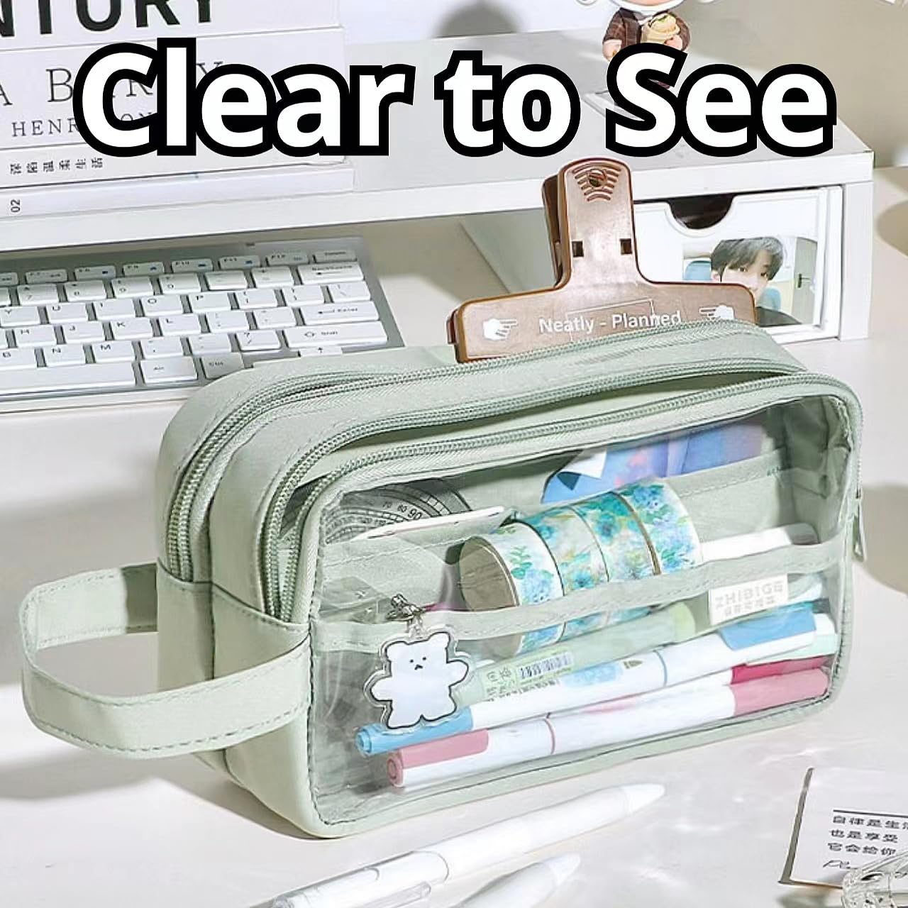 AuraGlor Clear Pencil Case Big Capacity Compartments Hold 100 Pens Large Pencil Pouch Pen Bag Box Holder Organizer Simple Storage Aesthetic Stationery Office Essentials (White)