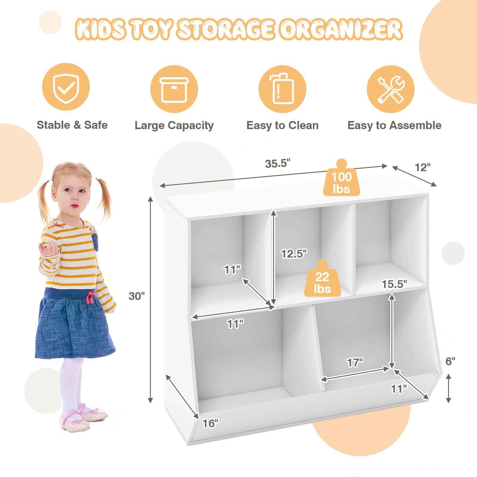 COOURIGHT Toy Storage with Bookshelf, Bookcase Footboard, 5 Cubby Open Wooden Toy Organizer, Toy Shelf, Toy Storage Cabinet for Playroom, Bedroom, Nursery, Living Room, Hallway, Kindergarten, School