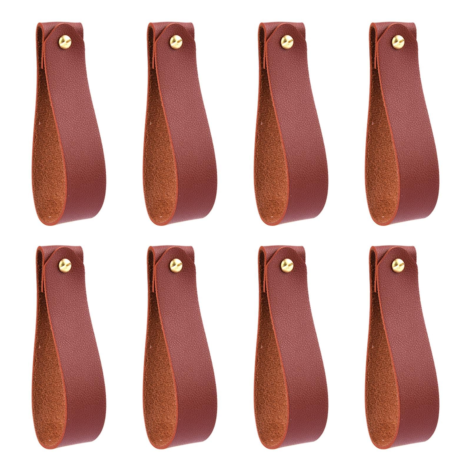 QWLWBU 8 Pcs Artificial Leather Wall Hooks, Leather Curtain Rod Straps, Wall Hanging Straps for Bathroom Kitchen Bedroom Towel Holder (Light Brown)