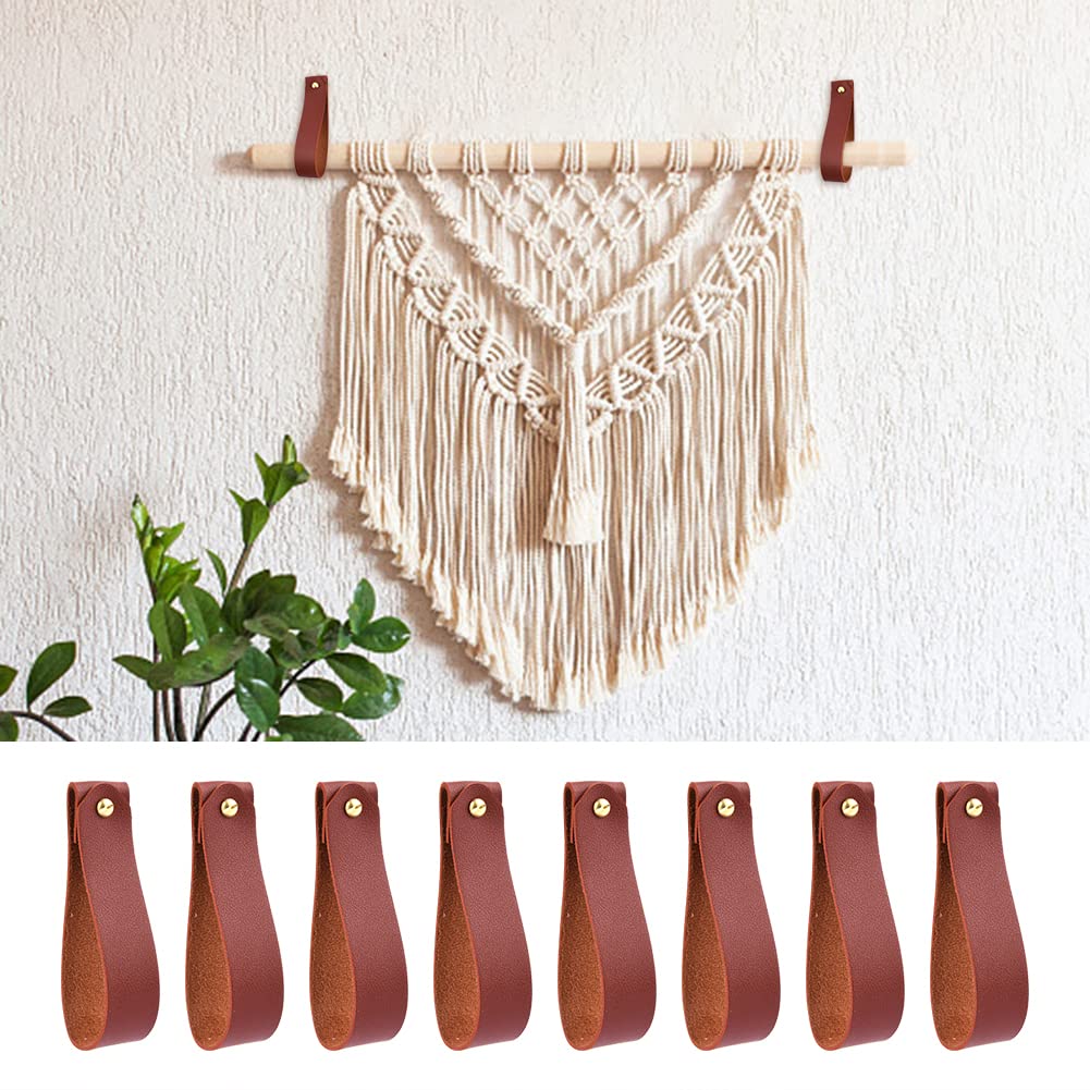 QWLWBU 8 Pcs Artificial Leather Wall Hooks, Leather Curtain Rod Straps, Wall Hanging Straps for Bathroom Kitchen Bedroom Towel Holder (Light Brown)