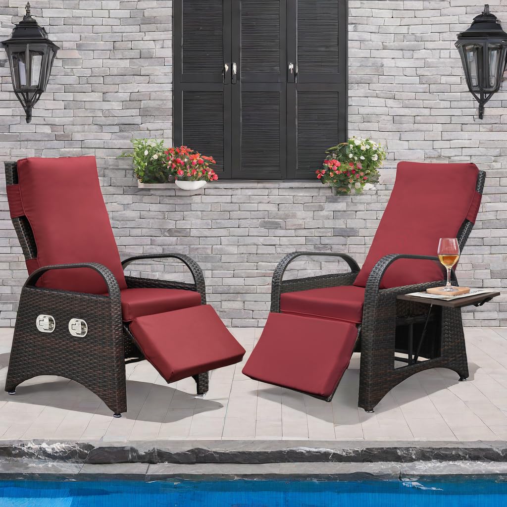 Art to Real Outdoor Recliners Set of 2 Patio Recliner Chair, Adjustable Reclining Lounge Chair and Removable Soft Cushion, Flip-up Side Table, Recliner Chair, Red