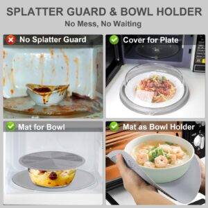 3 in 1, JesDiary Hook Top Microwave Cover for Food&Versatile Mats,12"as Plate Holder, 10" for Bowl, Clear Replace Magnetic Cover Splatter Guard Lid for Plate 12 10 8 Inch & Silicone Mat BPA Free, Grey