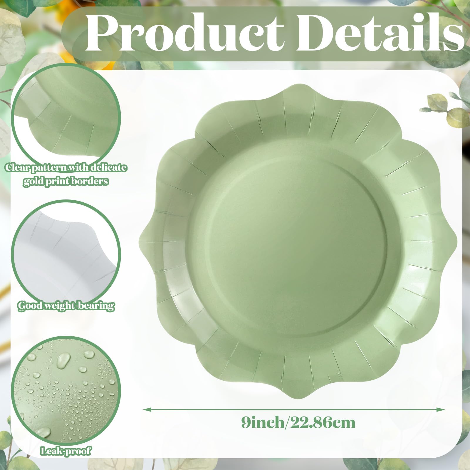 Mifoci 100 Pcs Sage Green Paper Plates Green Scalloped Edge Paper Plates 9 inches Disposable Serving Tray Sage Green Dessert Platters for Wedding Birthday Party Baby Shower Bridal Supply