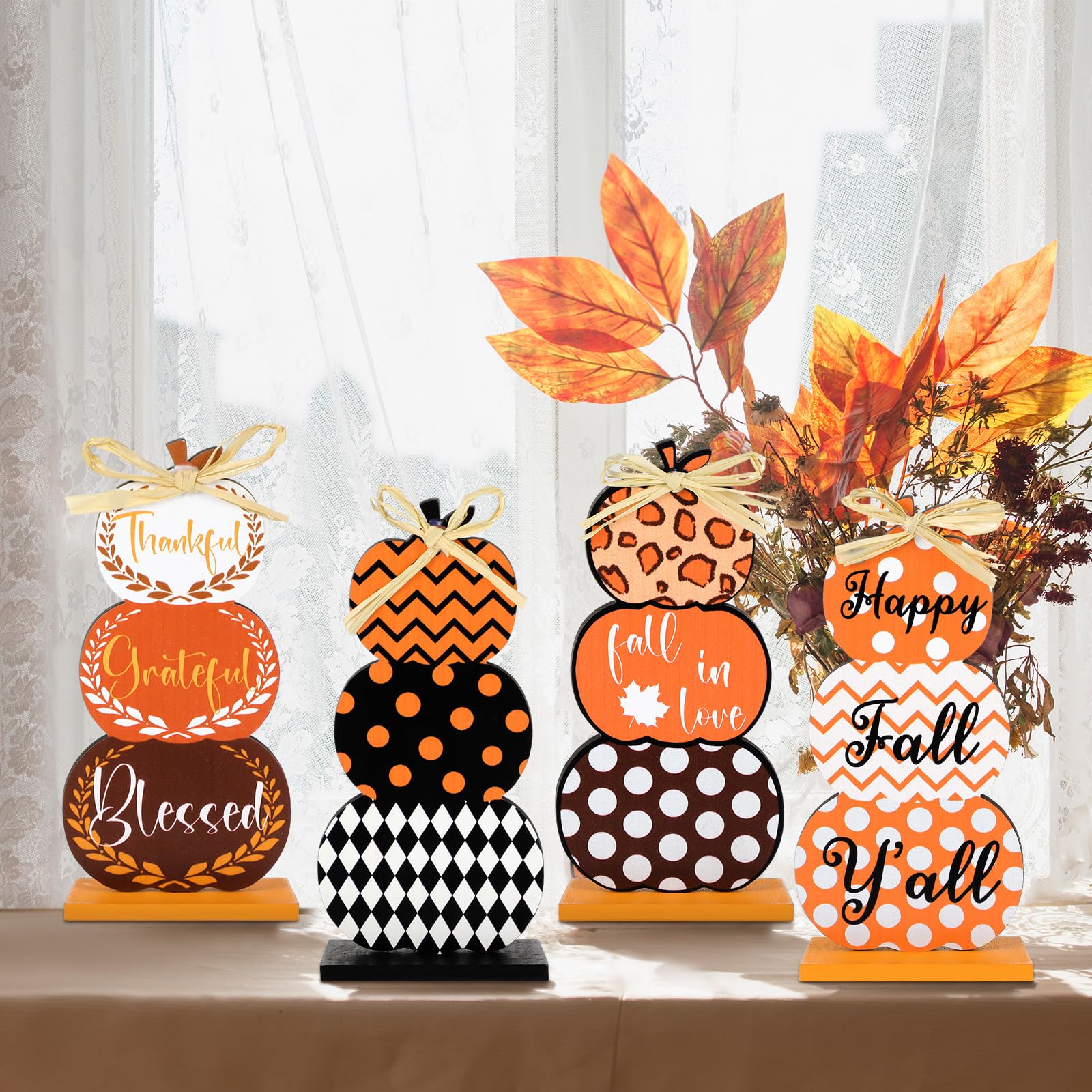 Barydat 6 Pcs Thanksgiving Table Decor Sign Stacked Pumpkins Wooden Pumpkins Stacked Thanksgiving Tiered Tray Decor Fall Decorations for Home Farmhouse Harvest Mantel Party