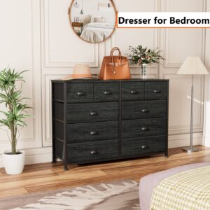 Furnulem Bedroom Dresser for 55”Long TV Stand Entertainment Center Dresser & Chests of Drawers,10 Storage Fabric Drawer Dressers,Sturdy Metal Frame Tall Dresser for Living Room, Entryway, Black Oak