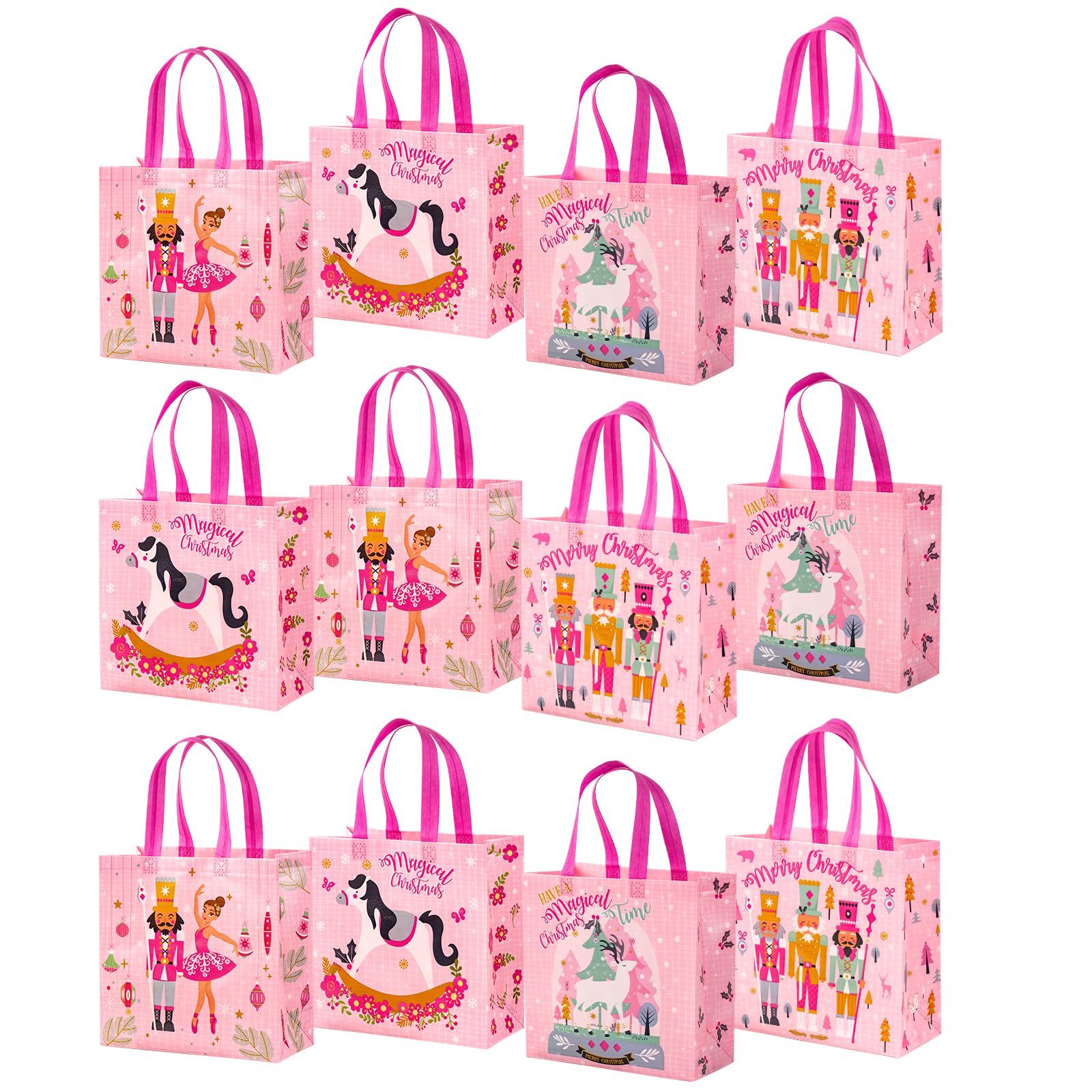 LeZakaa 12PCS Bags with Handles, Pink Recycled Bags, Treat Bags, Multifunctional Non-Woven Christmas Bags for Child, Kids - Cartoon Pattern, 10.5' x 5'x 10.5'