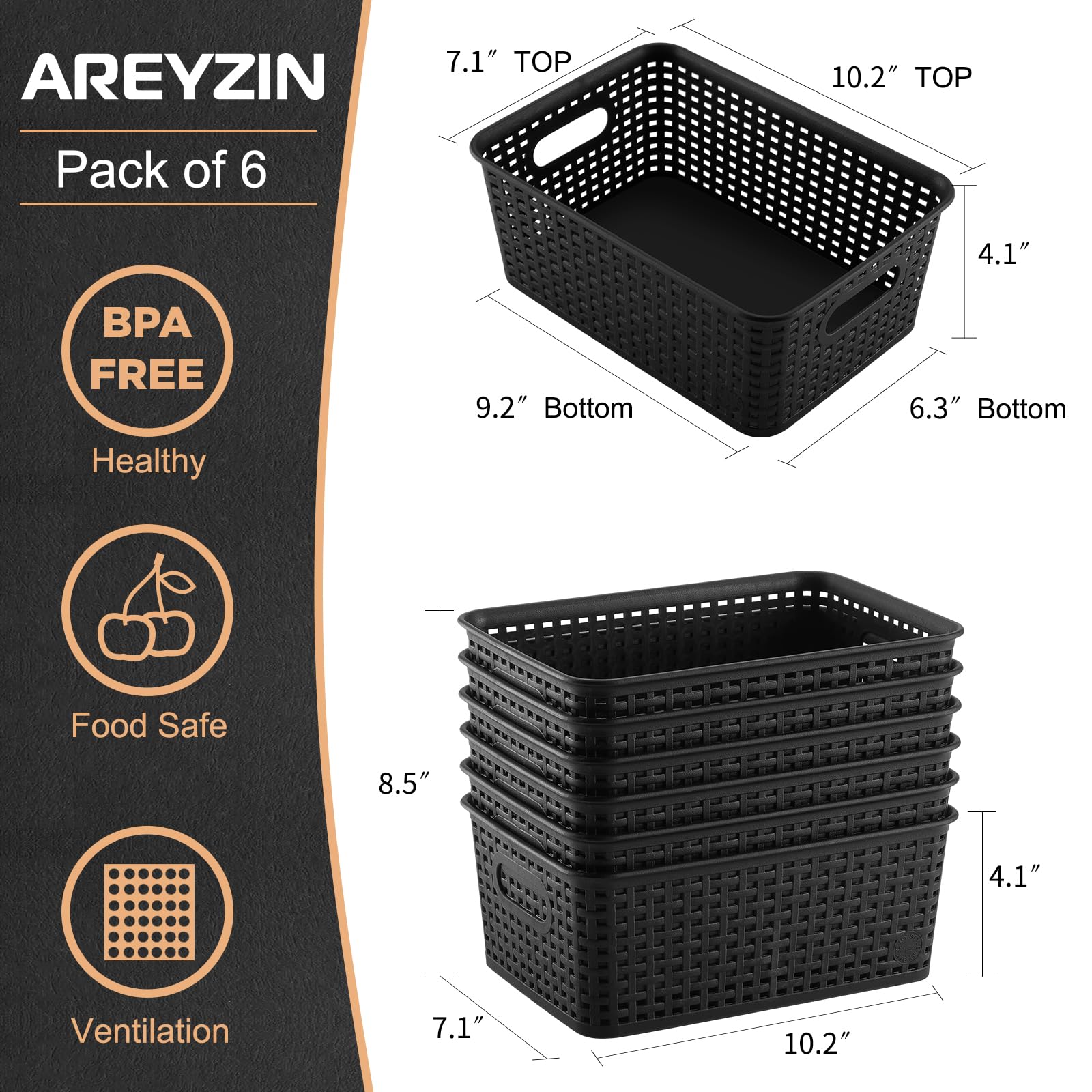 AREYZIN Plastic Storage Baskets Set of 6 Sturdy Small Organizer Bins Storage Baskets for Shelves,Closet,Countertops, Desktops, Cabinets and Badrooms,Black