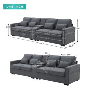 LUMISOL 4 Seater Upholstered Sofa for Living Room, Modern Multifunctional Sofa with Storageable Coffee Table and 2 Cupholders, Linen Fabric Couches with 2 USB Ports Wired or Wirelessly Charged