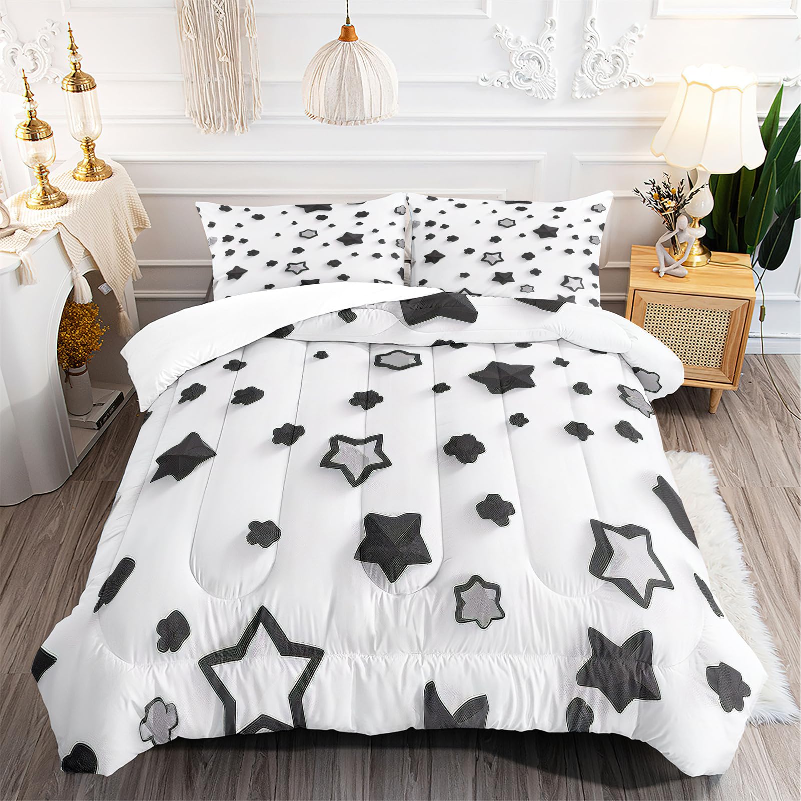 Balen Bear Kids Cartoon Star Comforter Set Twin Size, Black and Grey Stars Print Quilt Set,Bedding Set for Kids Teens Boys Girls Room Decor All Season