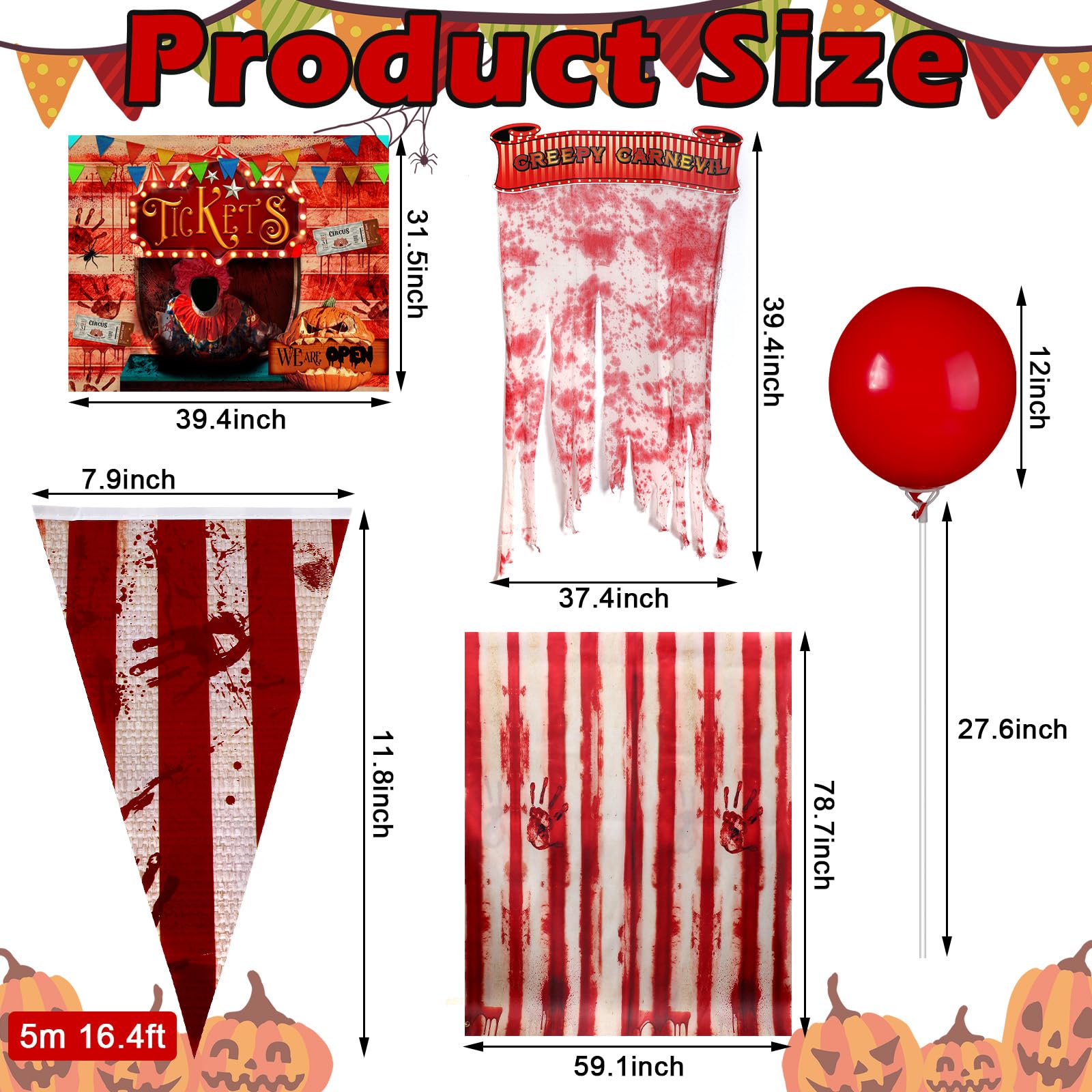 Preboun 9 Pcs Halloween Trunk or Treat Car Decorations Clown Backdrop Zombie Tablecover Tablecloth 5 Balloons Striped Pennant Banner Bloody Splatter Doorway Curtain Creepy Carnival Props for Garage