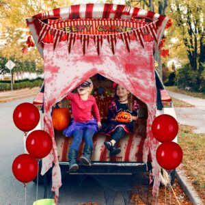 Preboun 9 Pcs Halloween Trunk or Treat Car Decorations Clown Backdrop Zombie Tablecover Tablecloth 5 Balloons Striped Pennant Banner Bloody Splatter Doorway Curtain Creepy Carnival Props for Garage