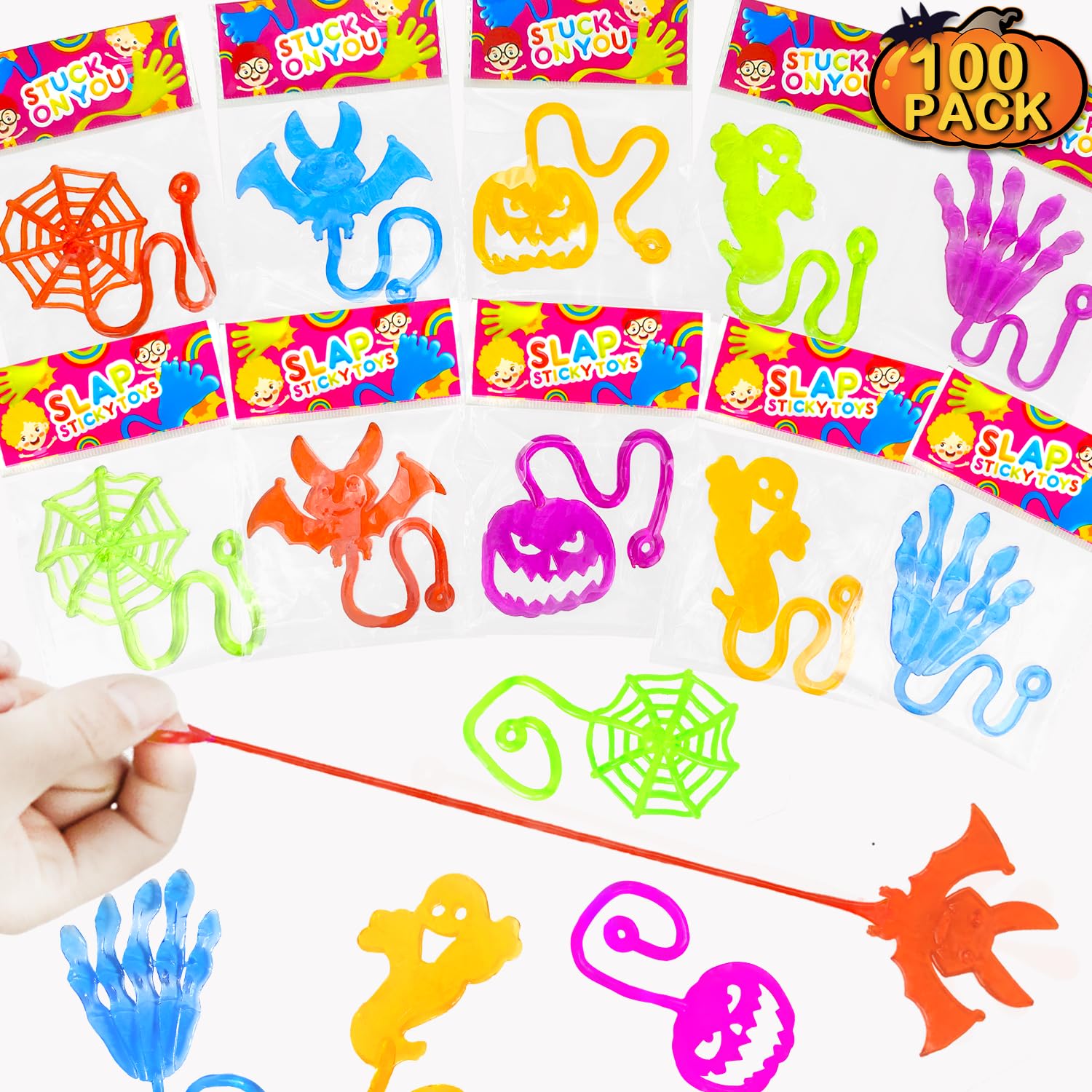 Halloween Treats Non Candy Bulk for Kids, Sticky Hands Party Favors Supplies for Toddlers-100 Pack,Halloween Birthday Basket Goodie bag Stuffer Fillers,Bulk Classroom Prizes Toys Gifts for Boys Girls