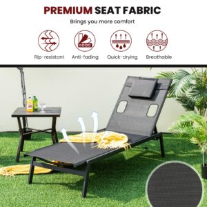 Giantex Patio Chaise Lounge Chair - Outdoor Lounge Chaise with Face Hole, Detachable Head Pillows, 5-Position Adjustable Tanning Chair for Poolside, Yard, Deck, Outside Sunbathing Chair (1, Black)