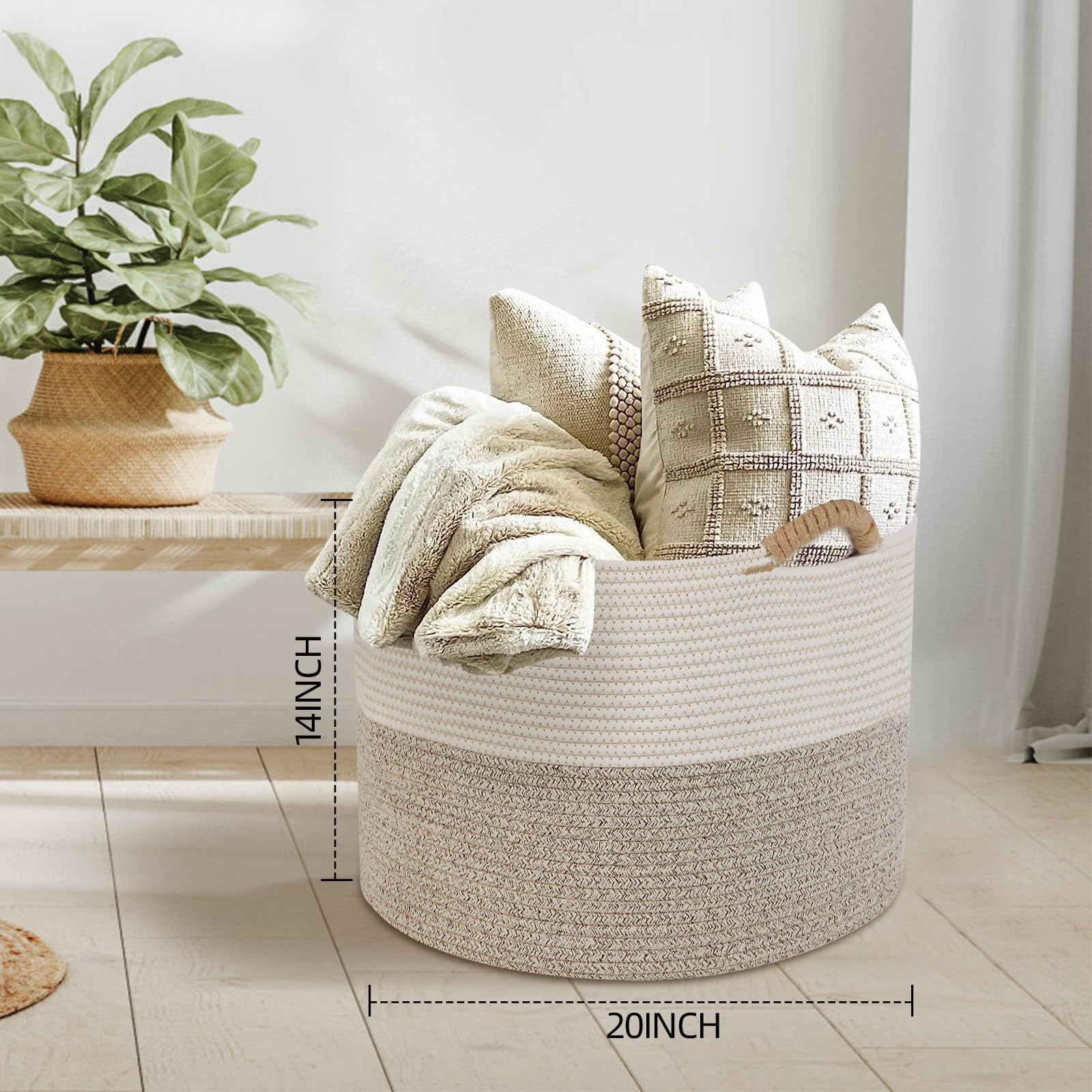 Large Cotton Rope Woven Laundry Basket (20"x14"), Blanket Basket for Living Room, Wicker Laundry Basket with Handle, Clothes Hamper, Round Storage Basket for Clothes, Hamper for Bedroom Aesthetic