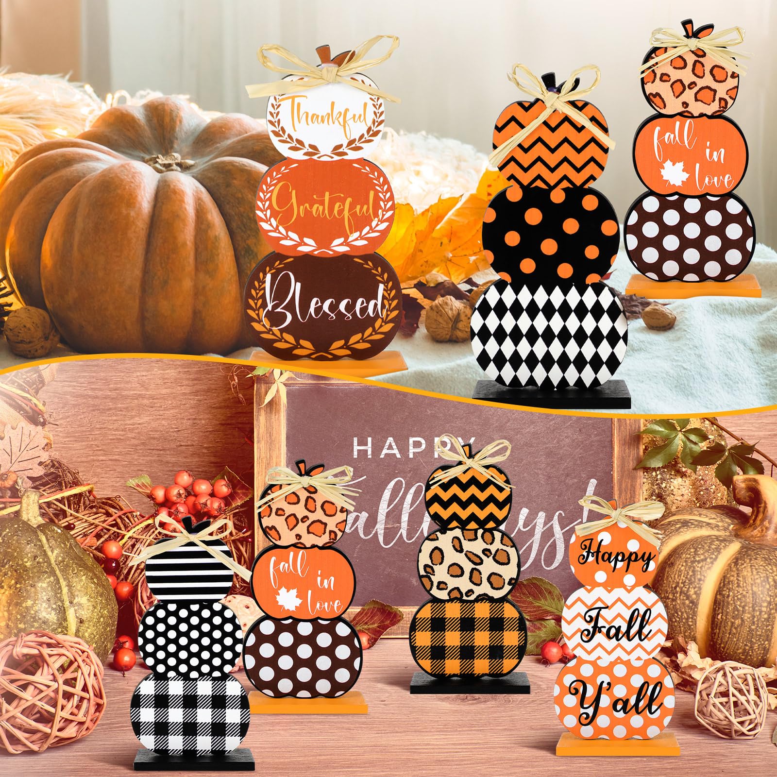 Barydat 6 Pcs Thanksgiving Table Decor Sign Stacked Pumpkins Wooden Pumpkins Stacked Thanksgiving Tiered Tray Decor Fall Decorations for Home Farmhouse Harvest Mantel Party