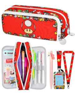 trendy fun for large pencil case big capacity 3 compartments pencil pouch cute cartoon design aesthetic pen bag with zipper for girls teens estuche para lapices sticker +pen+ id badge holder+lanyard