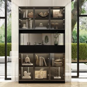 hitow glass door cabinet with lights and 8 storage shelves, tall modern display storage organizer with hutch, 2 drawers and 2 doors, wooden bookcase bookshelf for living room, home office, black