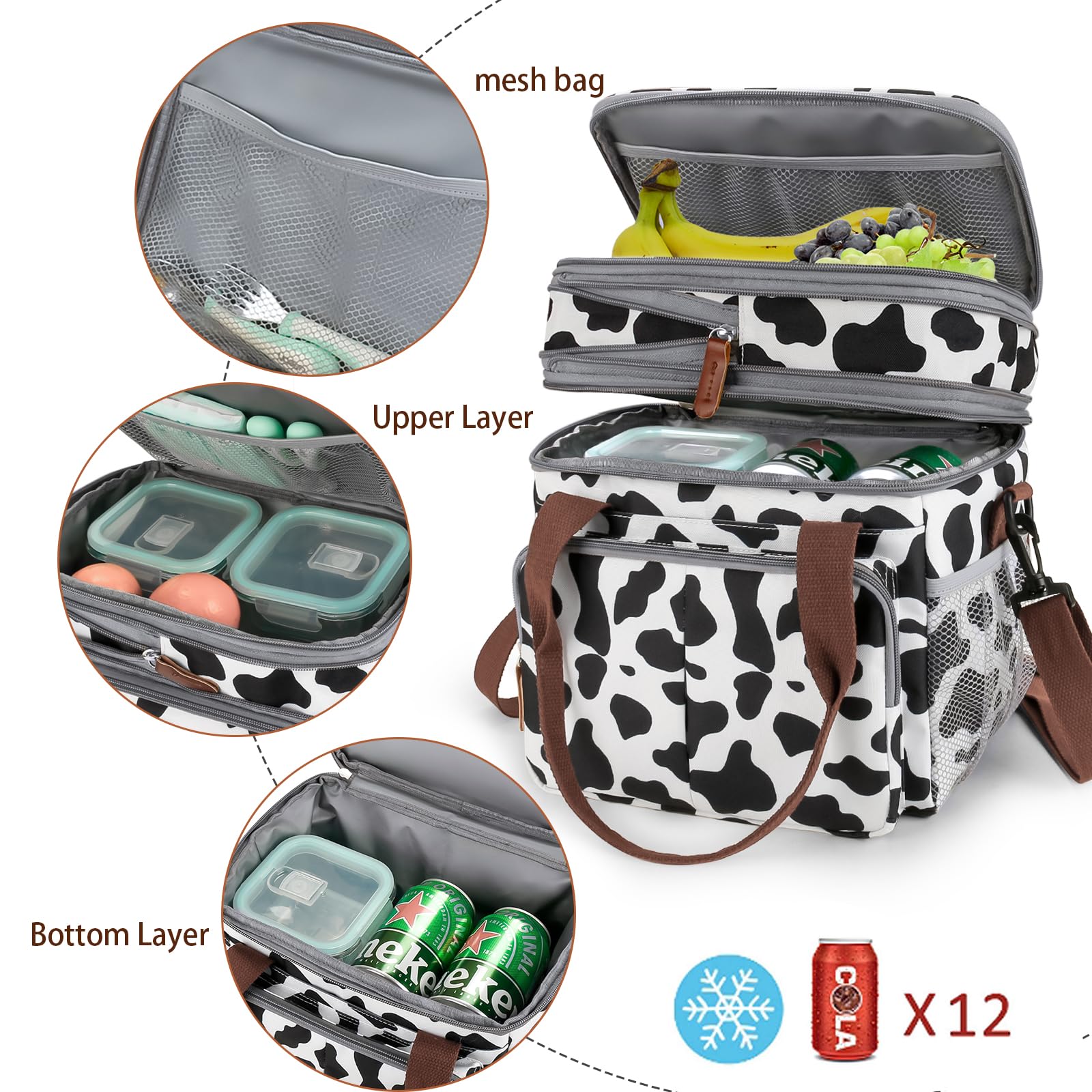 MOV COMPRA Lunch Bag for Women Men Double Deck Expandable Lunch Box,Large Lunch Bags,Leakproof Lunch Box Cooler Bag（Cow Print）