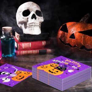 DYLIVeS Halloween Party Napkins, Purple Halloween Pumpkin Cats Ghosts Skeleton Disposable Paper Napkins, Cute Halloween Party Supplies for Luncheon Dessert Halloween Decorations Kids, 50 Pcs, 3 -ply