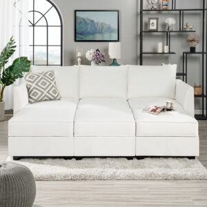 Naomi Home Elizabeth Modular Sofa Sectional Sleeper Couch with Ottoman Linen - 6-Seater Sofa with Storage Seat - Convertible Sectional Sofa Couch Bed for Living Room - White