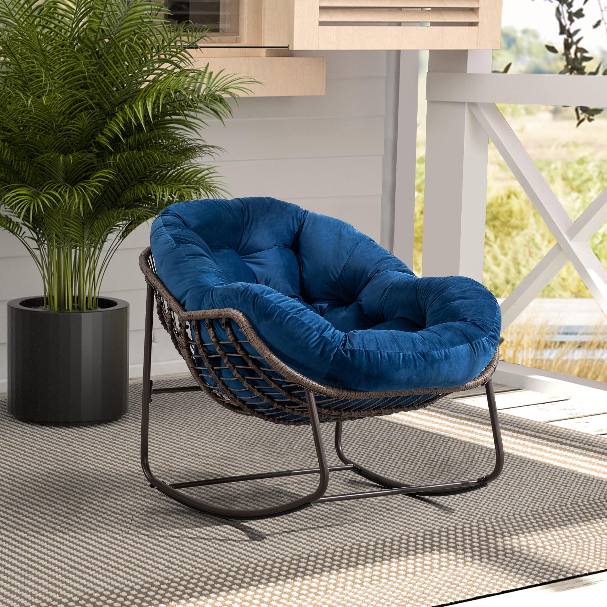 SZLIZCCC Patio Rocking Chairs, Patio Oversized Egg Rocking Chair,Indoor & Outdoor Upholstered Papasan Chairs, Modern Lounge Chair for Balcony,Living Room Patio, Front Porch, Garden (Navy Blue)