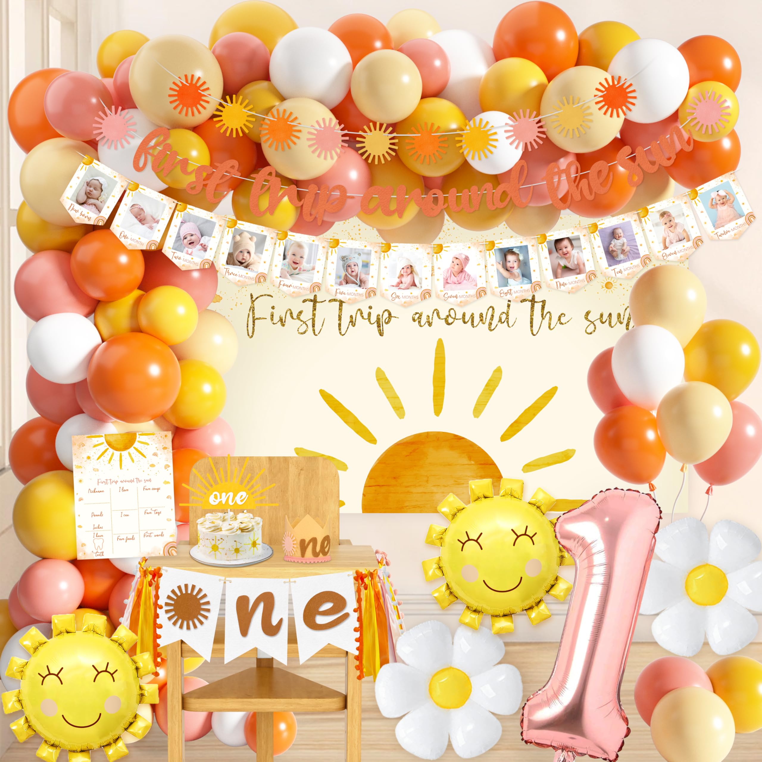 First Trip Around The Sun Birthday Decorations for Girl Boho Sun 1st Birthday Supplies First Trip Around The Sun Backdrop Balloons Garland Monthly Photo Banner Sun Theme 1st Birthday Party