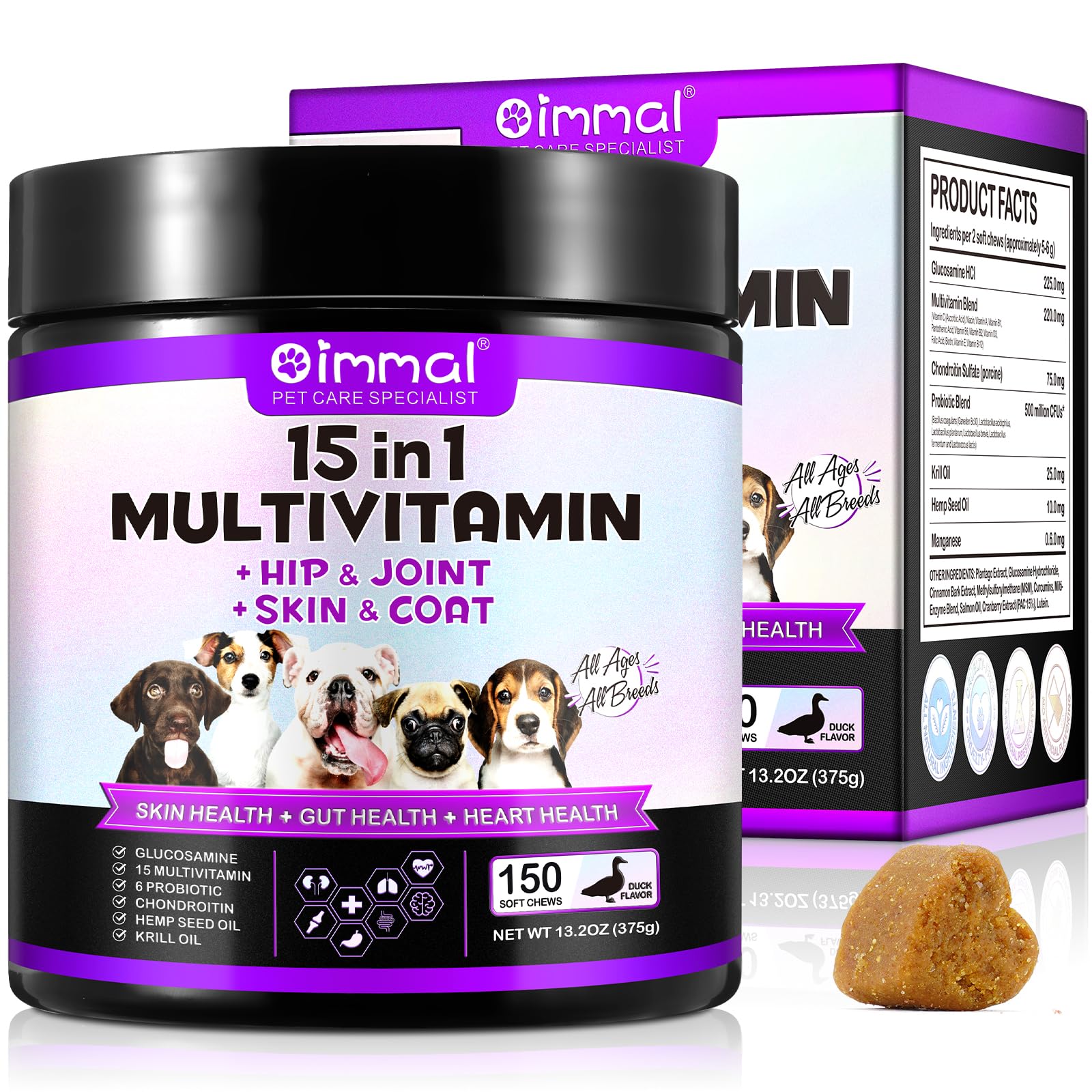 15 in 1 Dog Vitamins Supplements -150PCS-Multifunctional Supplements for Dogs-Glucosamine Chondroitin for Joint Support with Probiotics for Gut & Immune Health and Skin & Heart Health