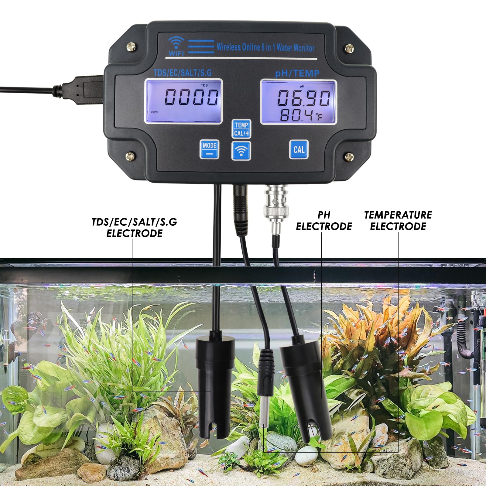 6 in1 PH Meter for Water Hydroponics Accuracy Digital PH Tester pH/EC/TDS/Salt/SG/Temperature Meter with Wireless Wi-Fi PH Monitor via Mobile APP for Household Drinking, Pool and Aquarium