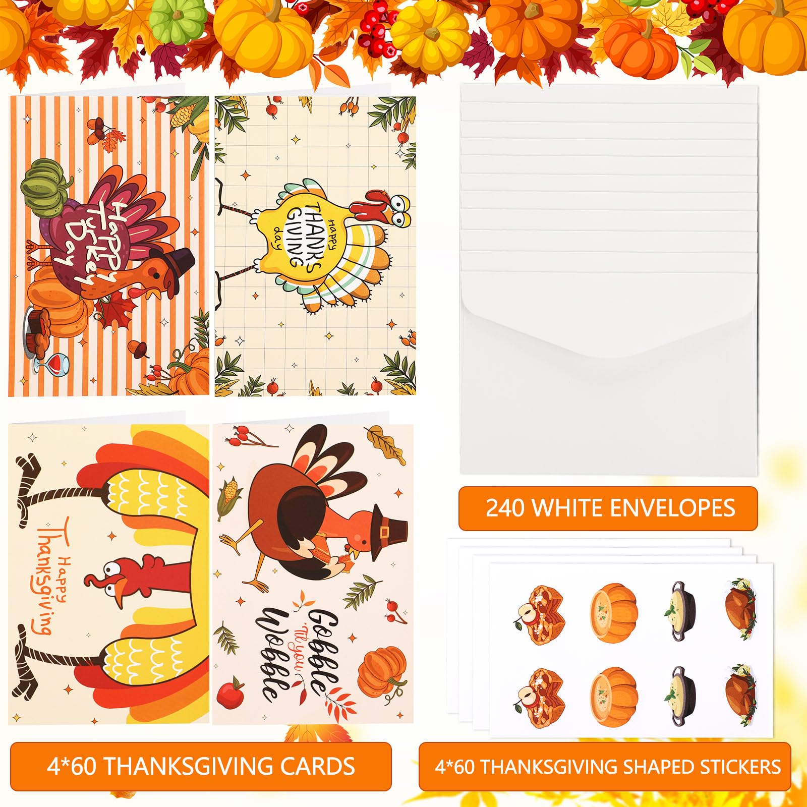 Fulmoon 240 Sets Funny Thanksgiving Greeting Cards Bulk Silly Turkey Gobble Thanksgiving Cards Assortment 4 x 6 Inch Thankful Fall Holiday Card with Envelopes and Stickers for Family Harvest Party