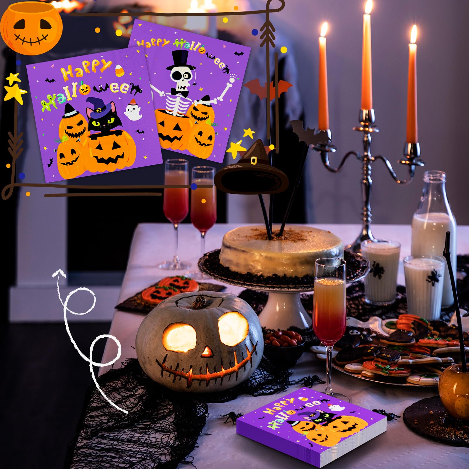 DYLIVeS Halloween Party Napkins, Purple Halloween Pumpkin Cats Ghosts Skeleton Disposable Paper Napkins, Cute Halloween Party Supplies for Luncheon Dessert Halloween Decorations Kids, 50 Pcs, 3 -ply