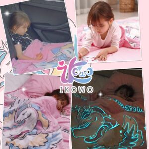 Ikowo Glow in The Dark Unicorn Blanket, Unicorn Gifts for 2 3 4 5 6 7 8 9 10 Year Old Girl, Soft Pink Unicorn Throw Blanket Birthday Easter Toys for Girls Age 6-8, 50'' x 60''