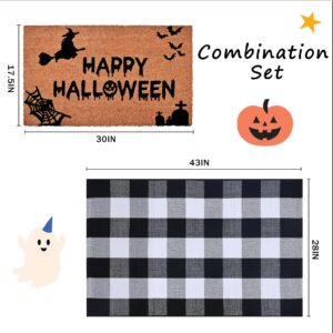 Halloween Decor Doormat Combo Set, 100% Coco Coir Welcome Mat + 28 x 43 Inches Black and White Plaid Mat- Halloween Front Porch Entryway Decor Floor Mat, Outdoor Mats Happy Halloween