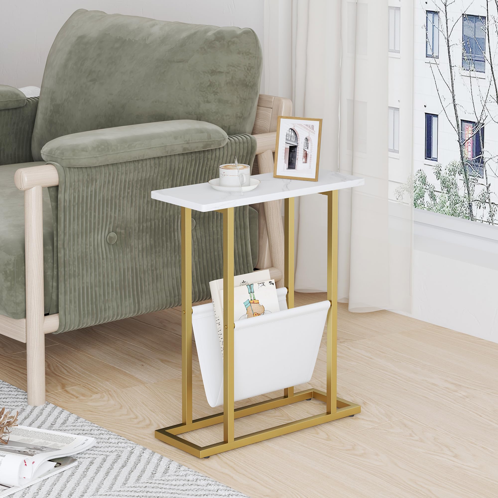 Yusong Small Narrow Side Table for Small Spaces, 17.7" W Slim End Table Magazine Table Nighstand with Storage Holder, Accent Skinny Snack Couch Bedside Table, Gold White, Complete Iron Pipes