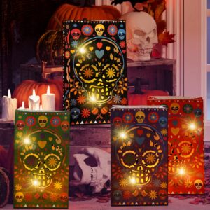 Ireer 30 Pieces Halloween Day of The Dead Luminary Bags Dia De Los Muertos Candy Bags Flame Resistant Candle Bags Sugar Skull Gift Goodie Bags for Mexican Fiesta Halloween Party Favors Supplies