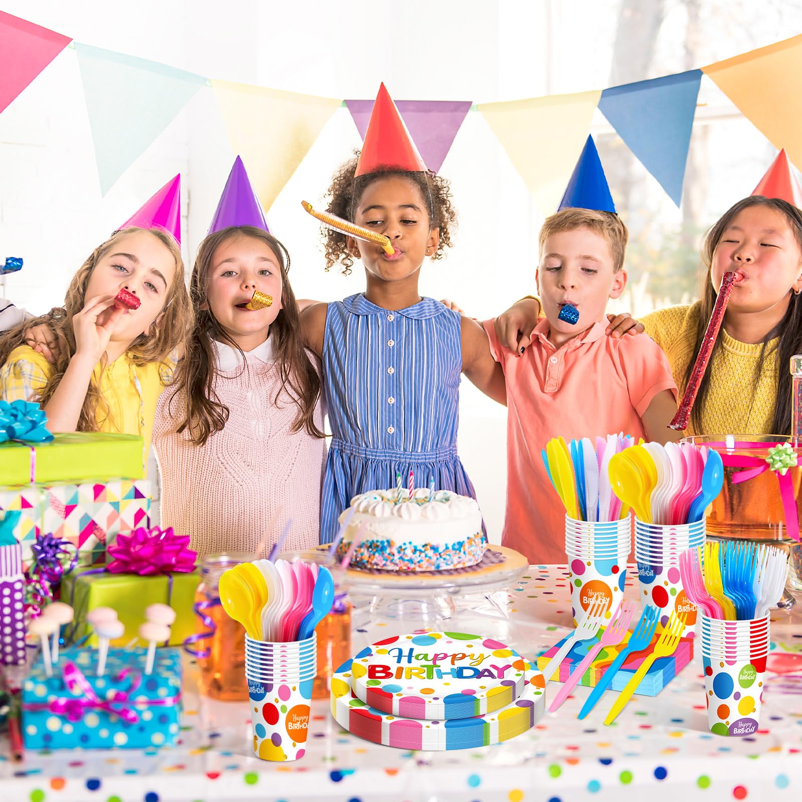 Meanplan Serves 24 Guests Happy Birthday Plates and Napkins Rainbow Polka Dot Birthday Tableware Set Rainbow Dot Birthday Party Decorations for Kids Included Cups Knives Forks Spoons Total 168 Pcs