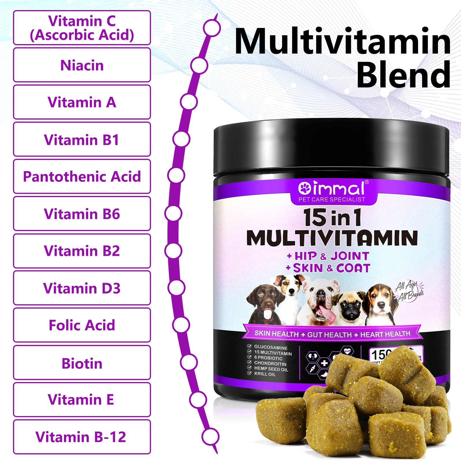 15 in 1 Dog Vitamins Supplements -150PCS-Multifunctional Supplements for Dogs-Glucosamine Chondroitin for Joint Support with Probiotics for Gut & Immune Health and Skin & Heart Health