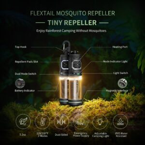 FLEXTAIL Rechargeable Tiny Mosquito Repeller 329°F Heating 30ft Protection Zone Ultra Mini with Camping Light Magnetic Design for Outdoor Camping Backpacking Patios(Repellent Pads Not Included)- Black