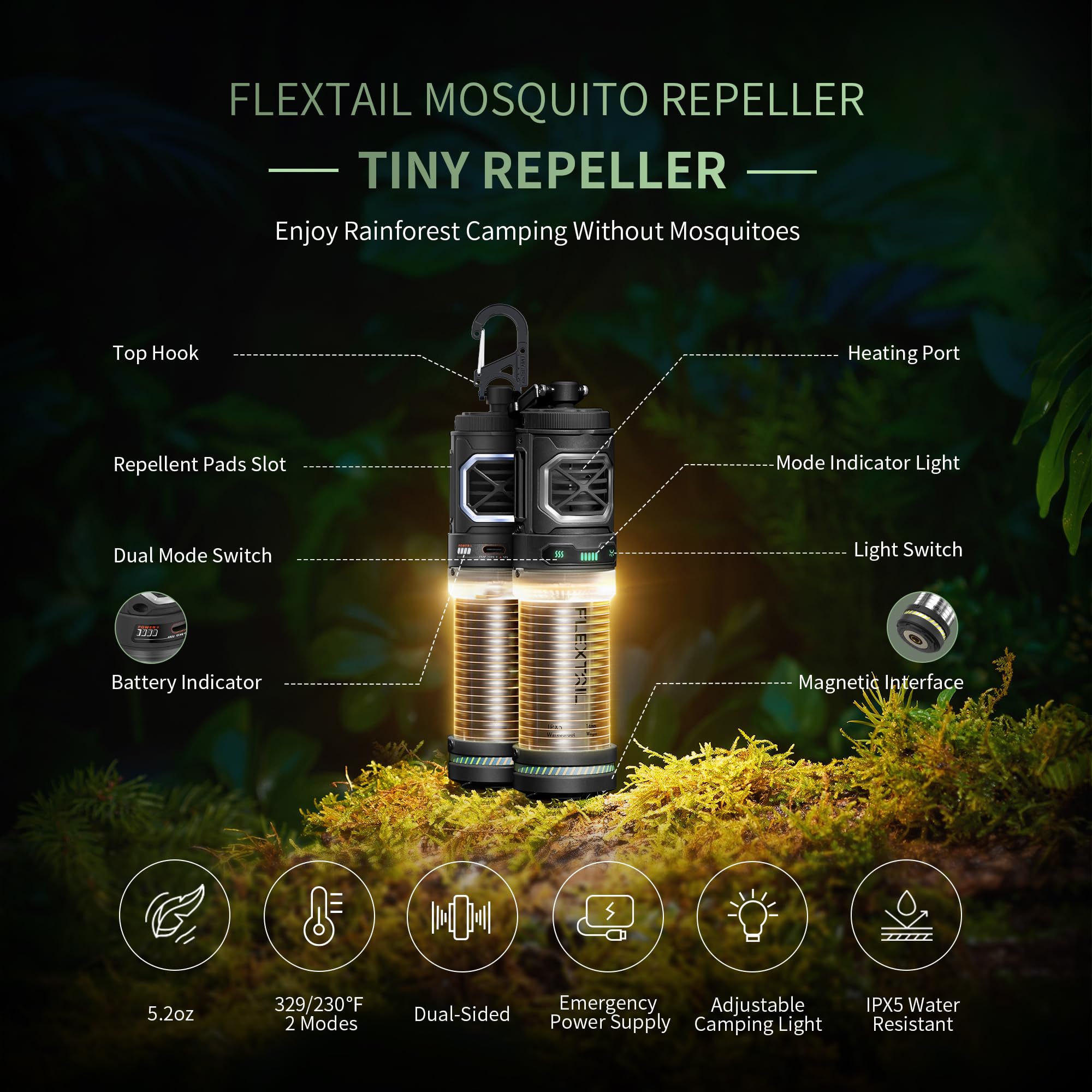 FLEXTAIL Rechargeable Tiny Mosquito Repeller 329°F Heating 30ft Protection Zone Ultra Mini with Camping Light Magnetic Design for Outdoor Camping Backpacking Patios(Repellent Pads Not Included)- Black