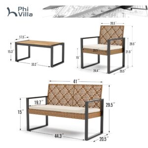 PHI VILLA Wicker Patio Furniture Set for 4, Rattan Loveseat & Chairs with Beige Cushions & Acacia Wood Coffee Table, Outdoor Modern Sectional Conversation Sofa Set for Deck, Yard, Porch